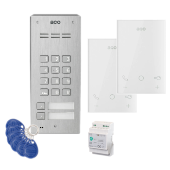 ZESTAW DOMOFONOWY ACO FAM-P-2NPZSACC NT + 2 UNIFONY UP800 G2 + ZASILACZ NA SZYNĘ DIN 15V